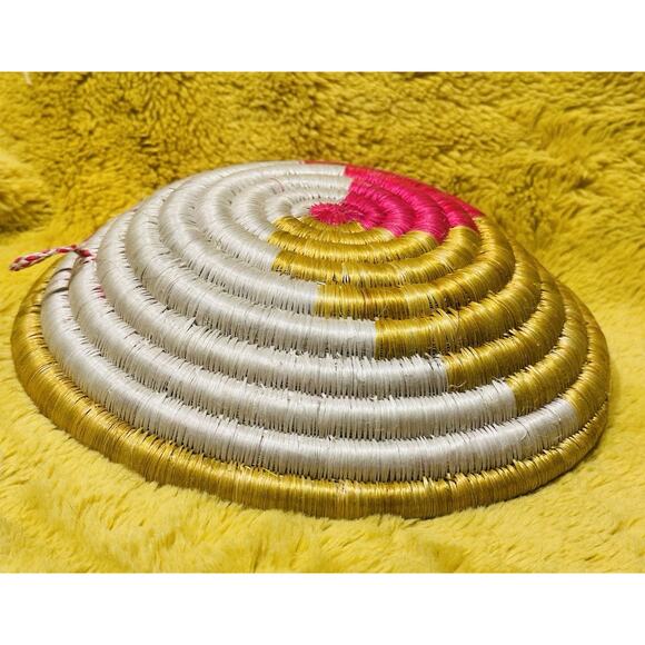African Hand Woven Swirl Coil Wall Basket Natural Bowl 9” Pink Yellow Cream - Picture 6 of 7